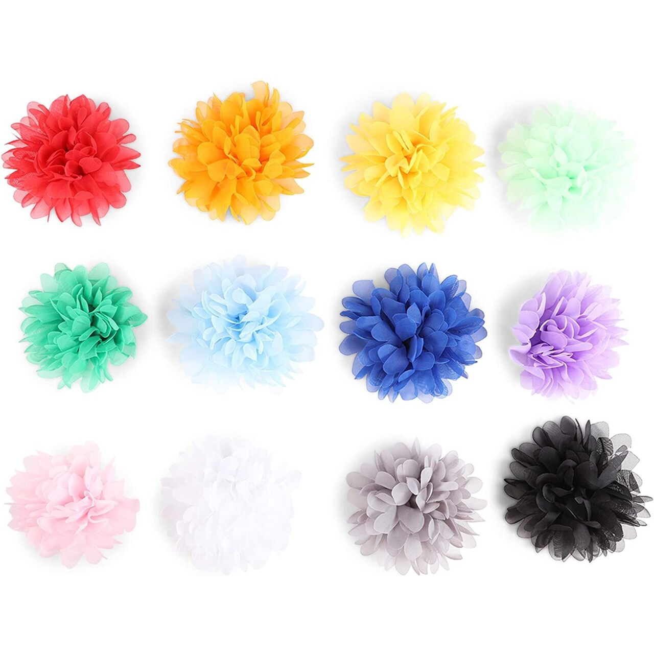 Chiffon Fabric Artificial Flowers for DIY Crafts, Girl's Flower Headbands, 12 Colors (4 in, 24 Pieces)